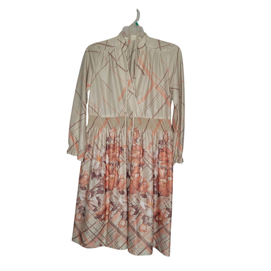 Vintage Poly XL/XXL cream 70s Dress damaged Floral Brown Faux Wrap