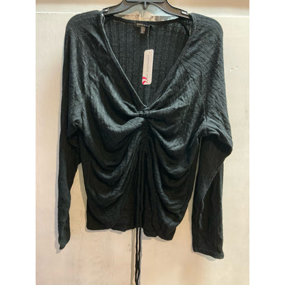 Curvy Sense Women's Top Plus 3X Black NEW Ruched Drawstring V-Neck Long Sleeve