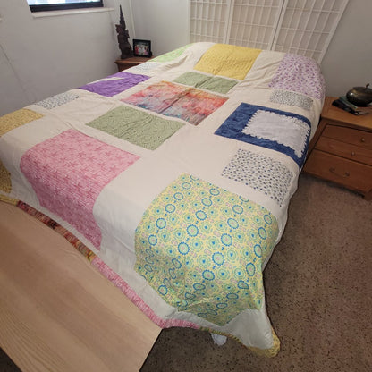 Handmade Vintage Patchwork Square Block Quilt Retro Chic Boho Heirloom QUEEN
