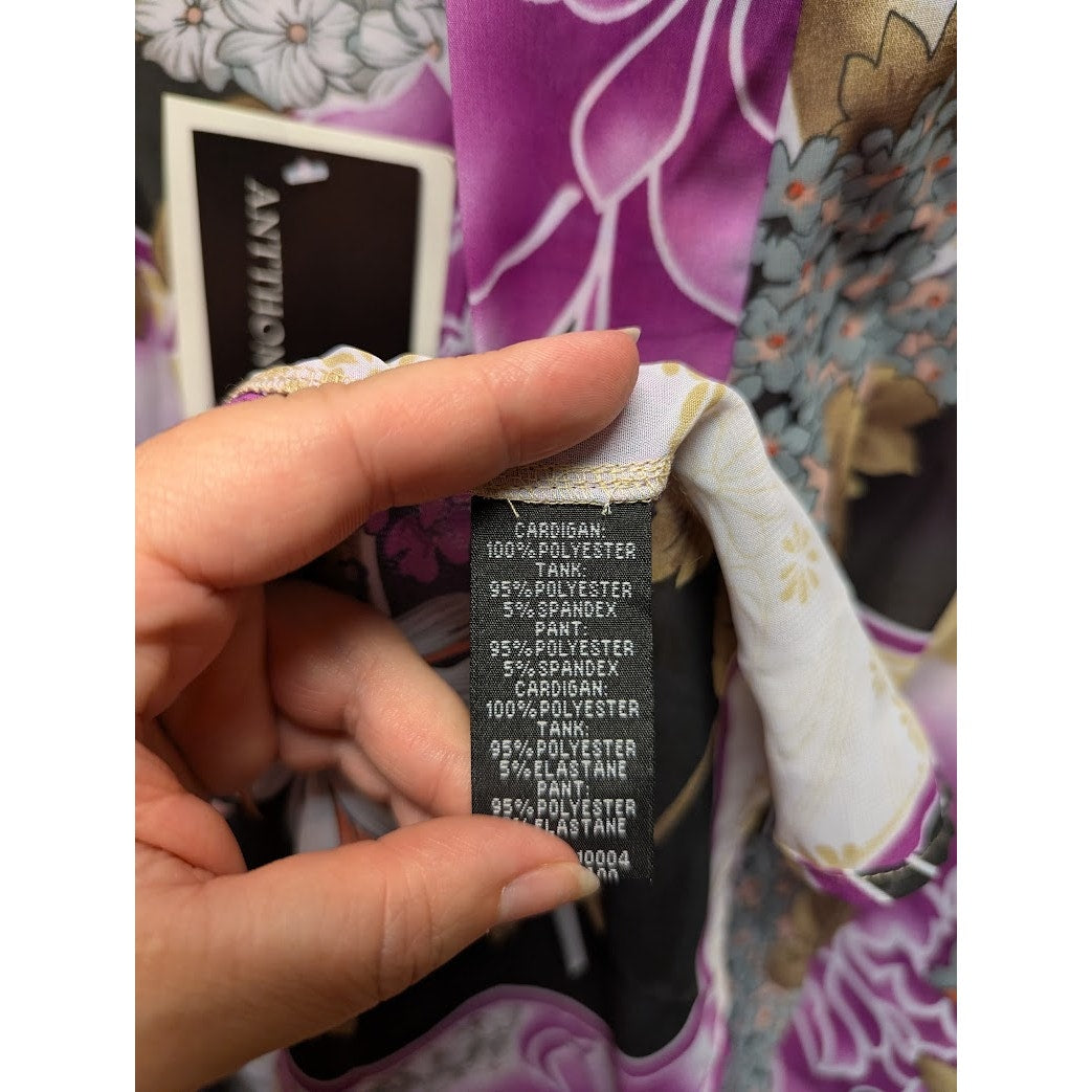 Anttony Size Large Purple Floral Cover Up Duster Kimono NEW Ruched Sleeves