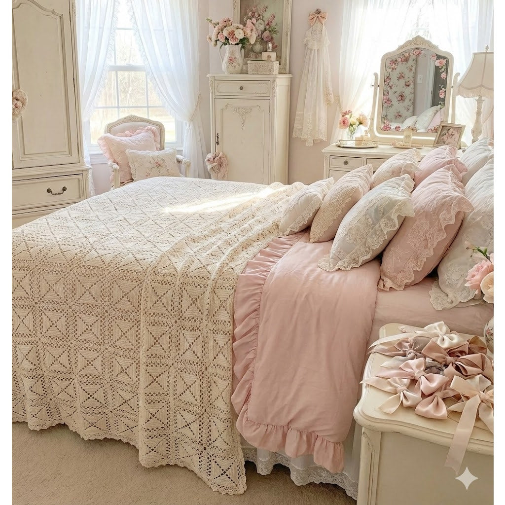 Vintage Handmade Crochet Bedspread Cream Geometric Diamond Boho Coverlet 77x100