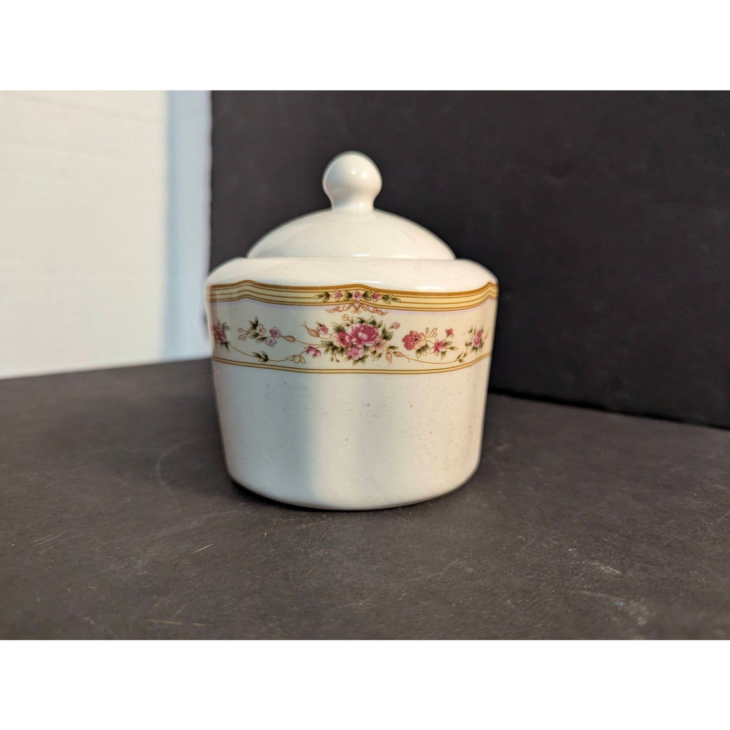 Vintage Lynne Fine China Lidded Sugar Bowl Floral Gold Trim French Country