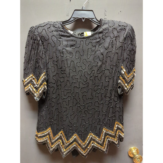 Vintage Scala Size 1X silk Black beaded blouse short sleeve Black Gold Chevrons