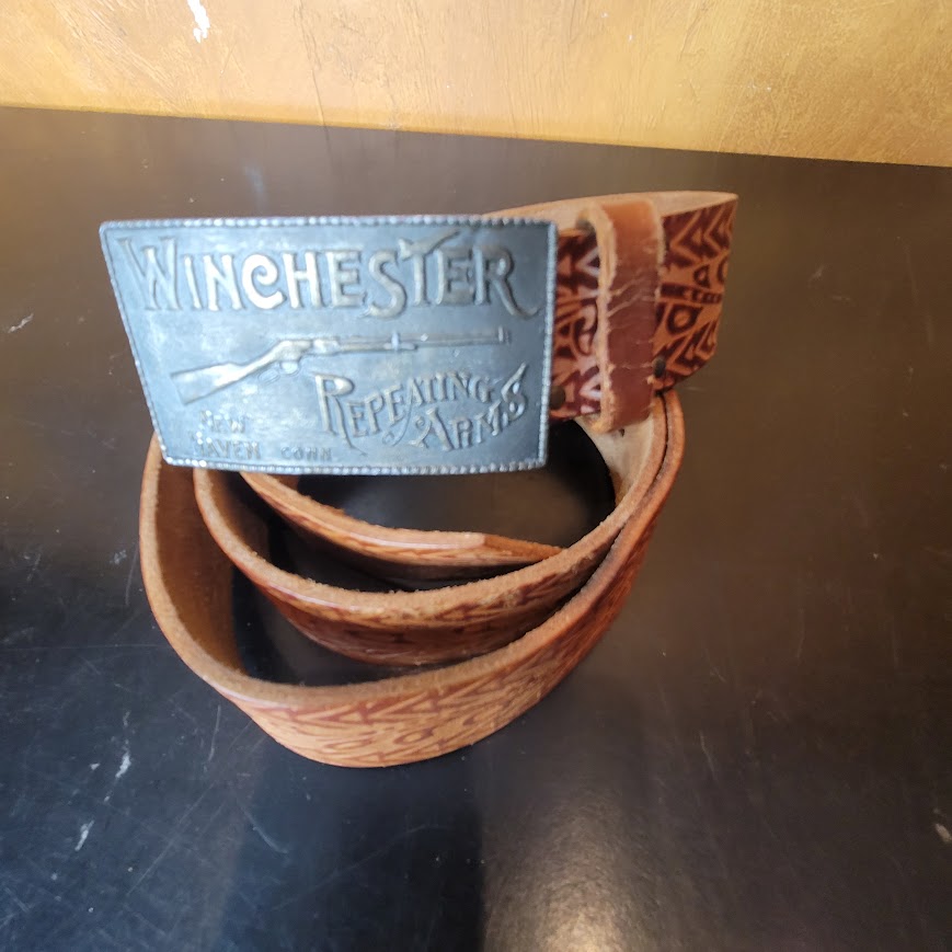 Vintage embossed Tooled leather Winchester Repeating Arms Rifle buckle Size XL
