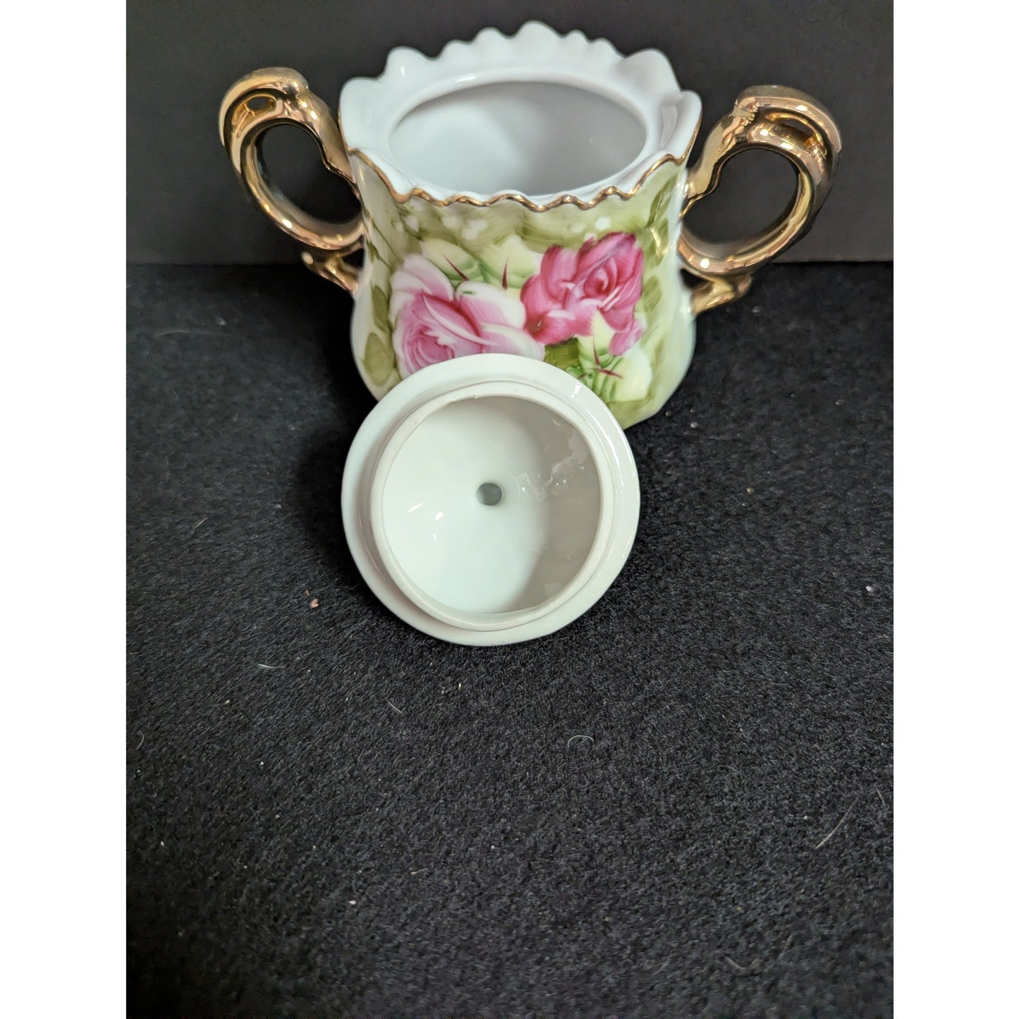 Vintage Lefton Green Rose Lidded Sugar Bowl Porcelain Gold Gilt 3066