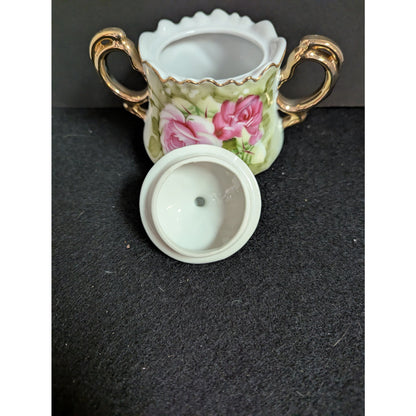Vintage Lefton Green Rose Lidded Sugar Bowl Porcelain Gold Gilt 3066