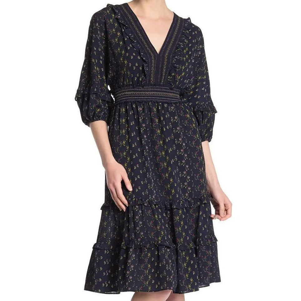 Max Studio Cottage Liberty Tiered Ruffle Midi Dress Sz Large in Blue Floral NWT