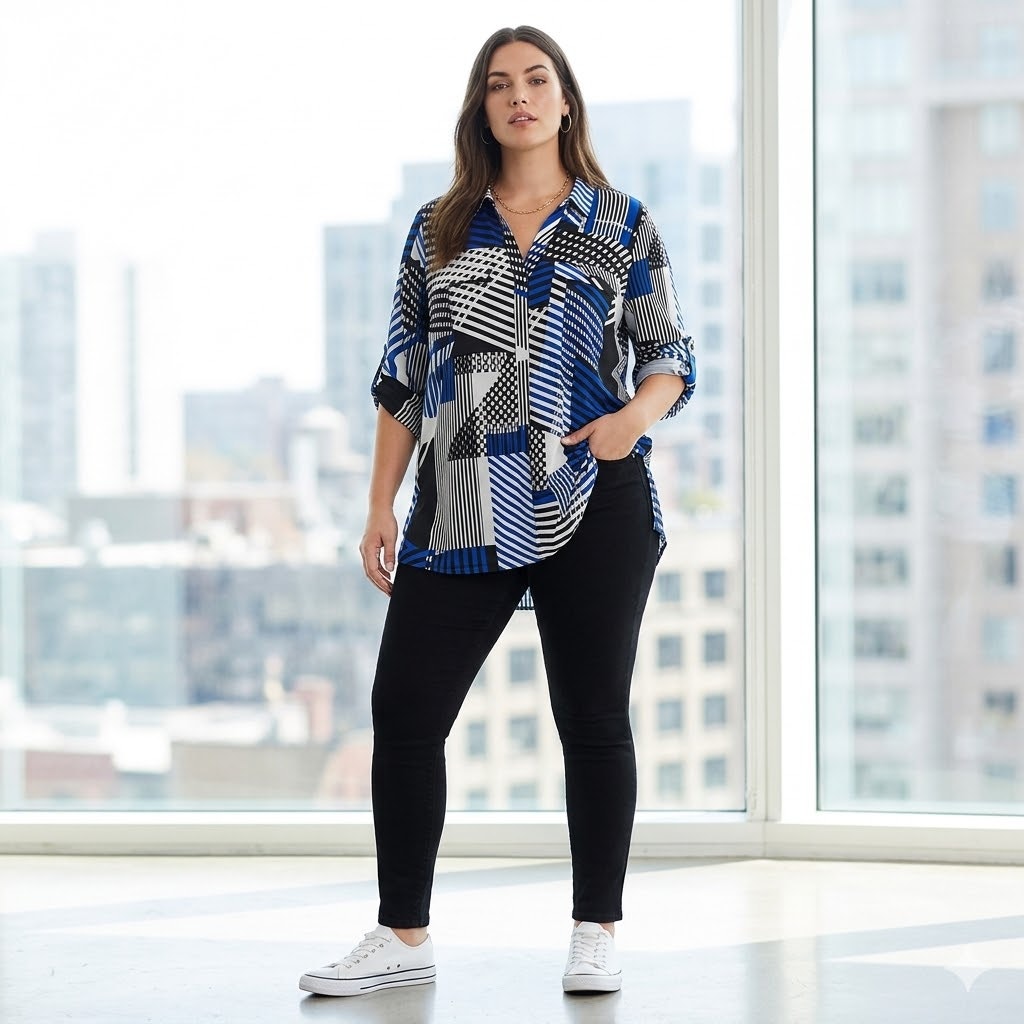 Calvin Klein Blue Black White Geometric Striped Roll Tab Sleeve Blouse Tunic M/L