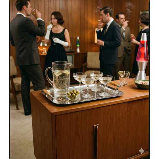 Vintage Japan Stainless Steel Serving Tray Blonde Wood Handle Etched Floral Lily