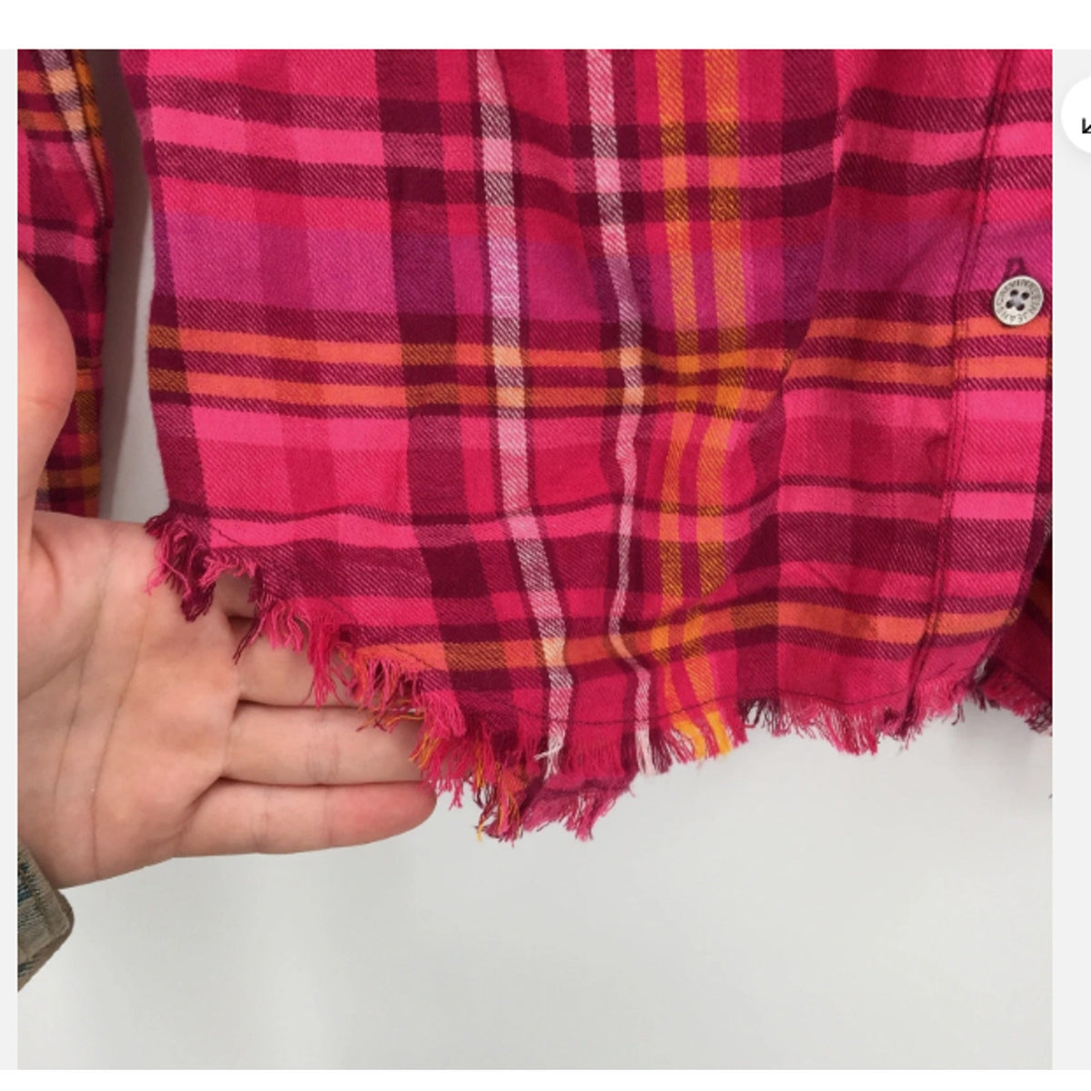 Distressed Jeans Button Up Shirt Extra Large/XL 16 Raspberry Plaid NWT Raw Hem