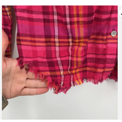 Distressed Jeans Button Up Shirt Extra Large/XL 16 Raspberry Plaid NWT Raw Hem