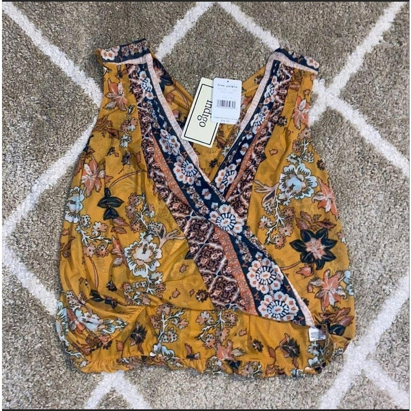 Free People Medium Havana Golden Yellow Floral Print Sleeveless Surplice Top