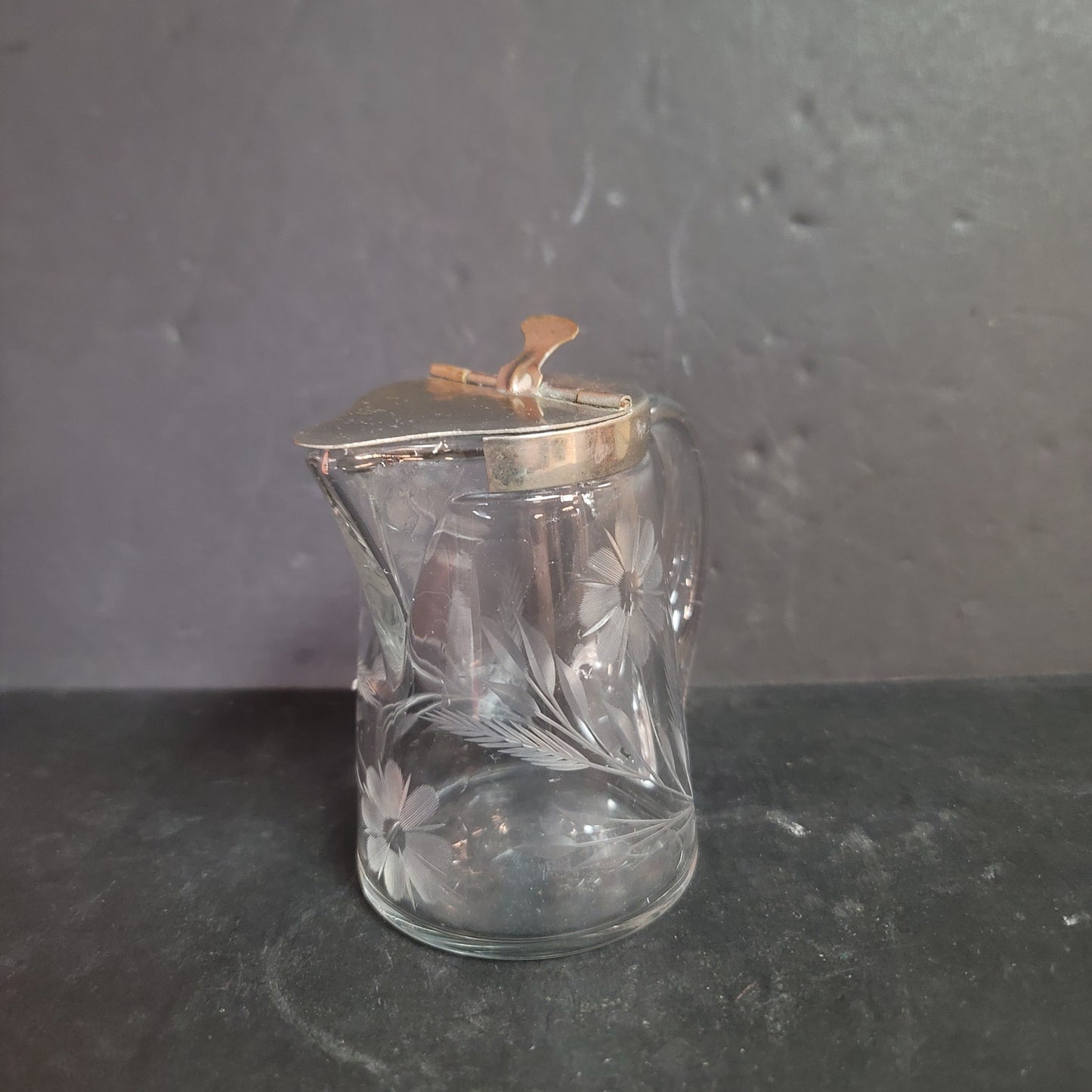 Vintage 4.5" FLORAL CUT GLASS SYRUP PITCHER CREAMER BY HEISEY