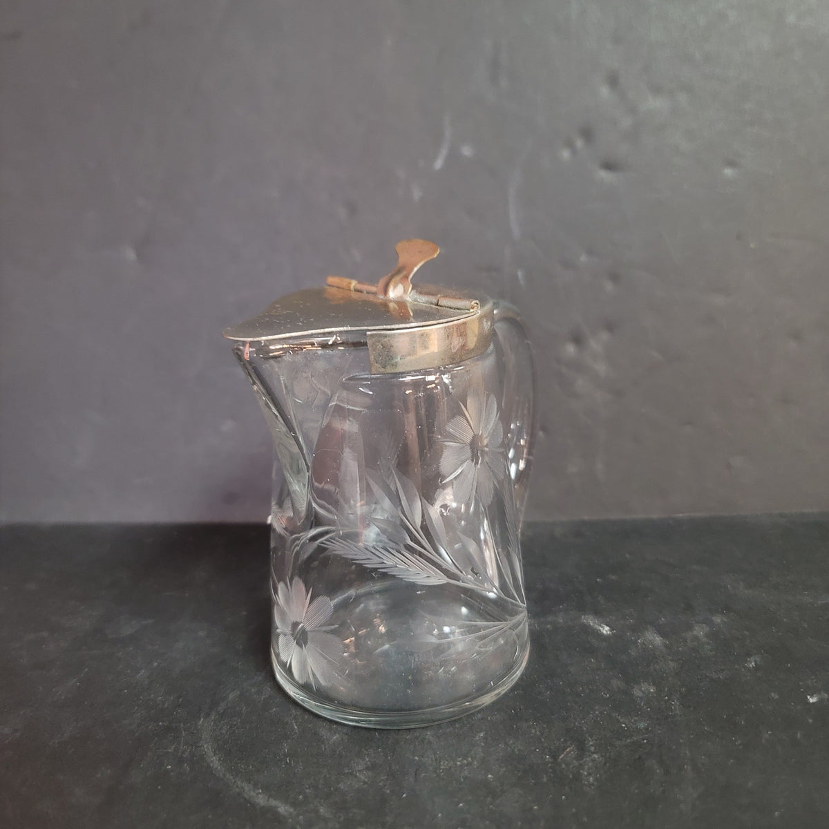 Vintage 4.5" FLORAL CUT GLASS SYRUP PITCHER CREAMER BY HEISEY