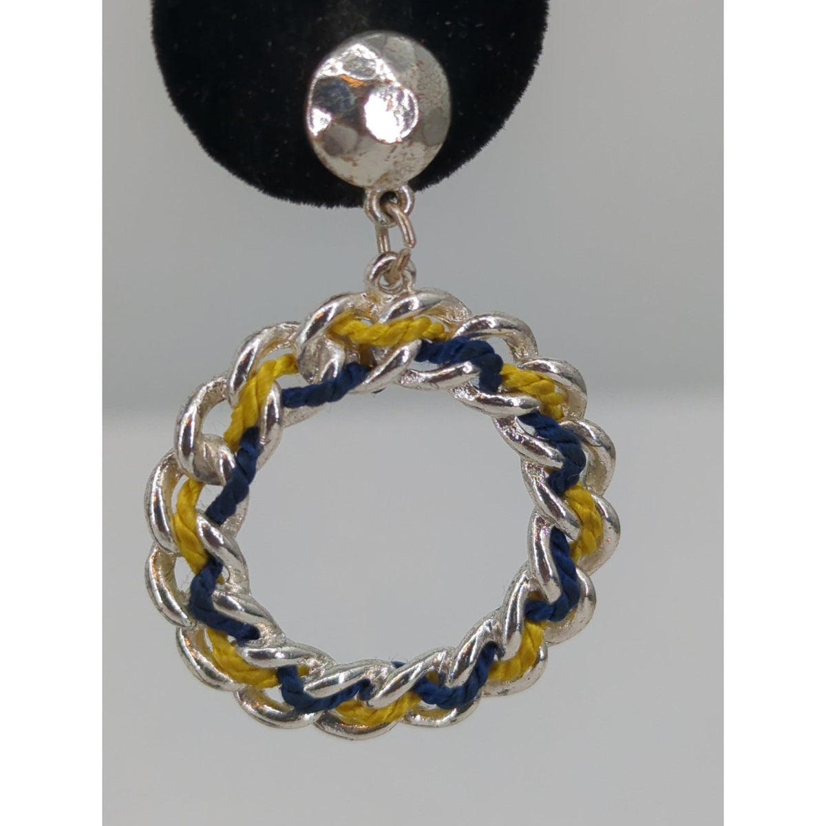 Vintage Silver Tone Blue Yellow Braided Hoop Dangle Earrings
