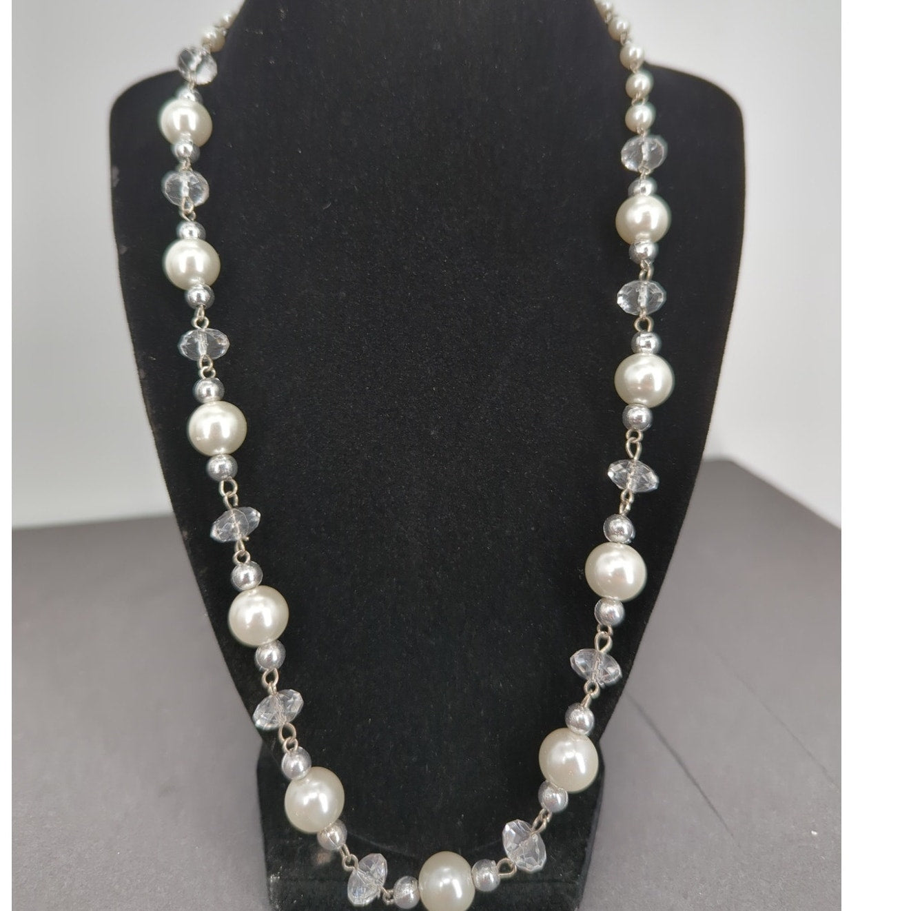 Vtg. Faux Pearl Facett Bead Necklace Earrings Set SilverTone Bridal Wedding Glam