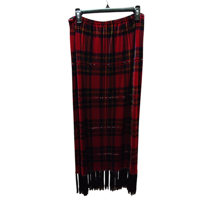 Ronni Nicole Petite Red Tartan Plaid Maxi Skirt Glass Beaded Back Slit VTG. PXL