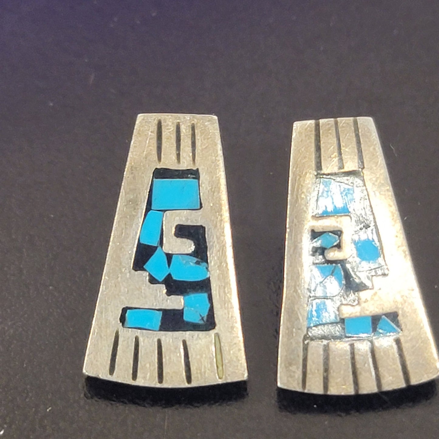 Taxco Mexico 925 Sterling Turquoise Inlay Modernist Geometric Earrings TB-148