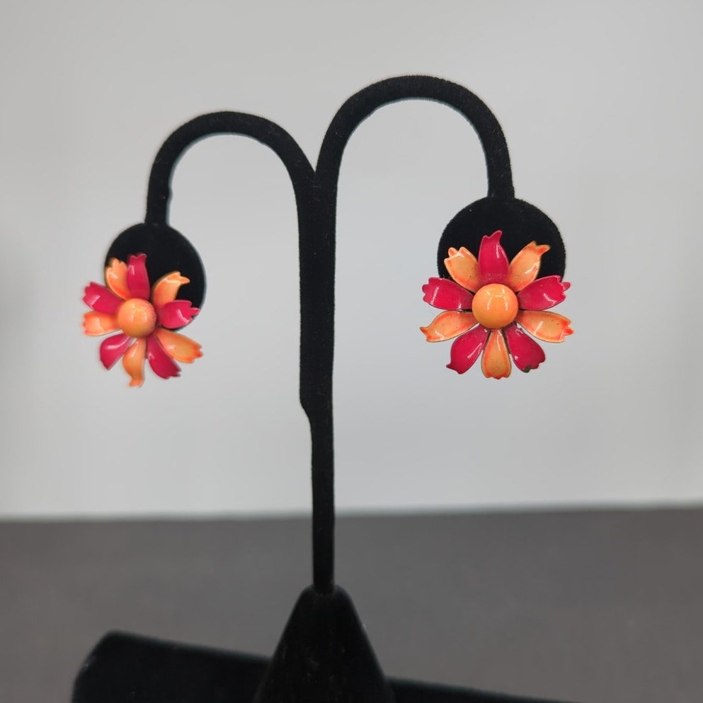Vintage Orange & Persimmon Enameled Tiered Floral Clip On SunburstEarrings