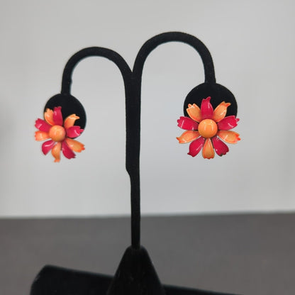 Vintage Orange & Persimmon Enameled Tiered Floral Clip On SunburstEarrings