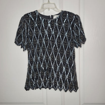 Vintage papell evening Beaded Sequin Short Sleeve Top Blouse Blk Blue Large Silk
