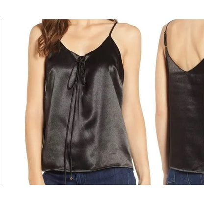 Heartloom Satiny Lace-Up V-Neck Spaghetti Strap Cami Sz Large in Black NWT