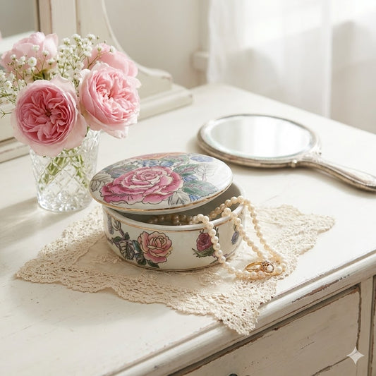 Vintage Floral Porcelain Round Trinket Box Pink RosesGold Trim cottagecore fariy