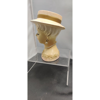 MCM Kitsch Planter Cream Hat Gold Trim Lady Headvase Retro Ceramic Decor Vase
