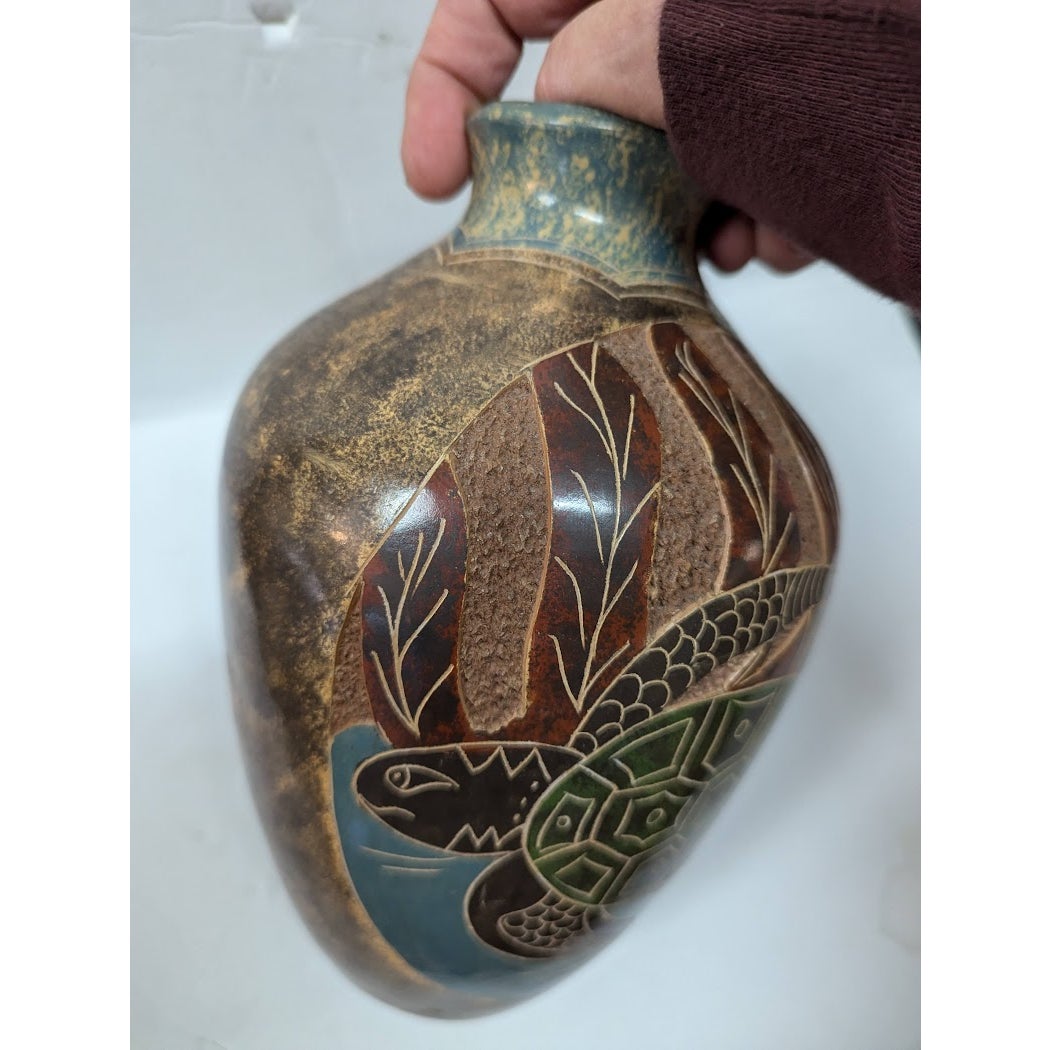 Hand Incised etched Vase Fish Turtle Clay pottery signed Cristina Amador