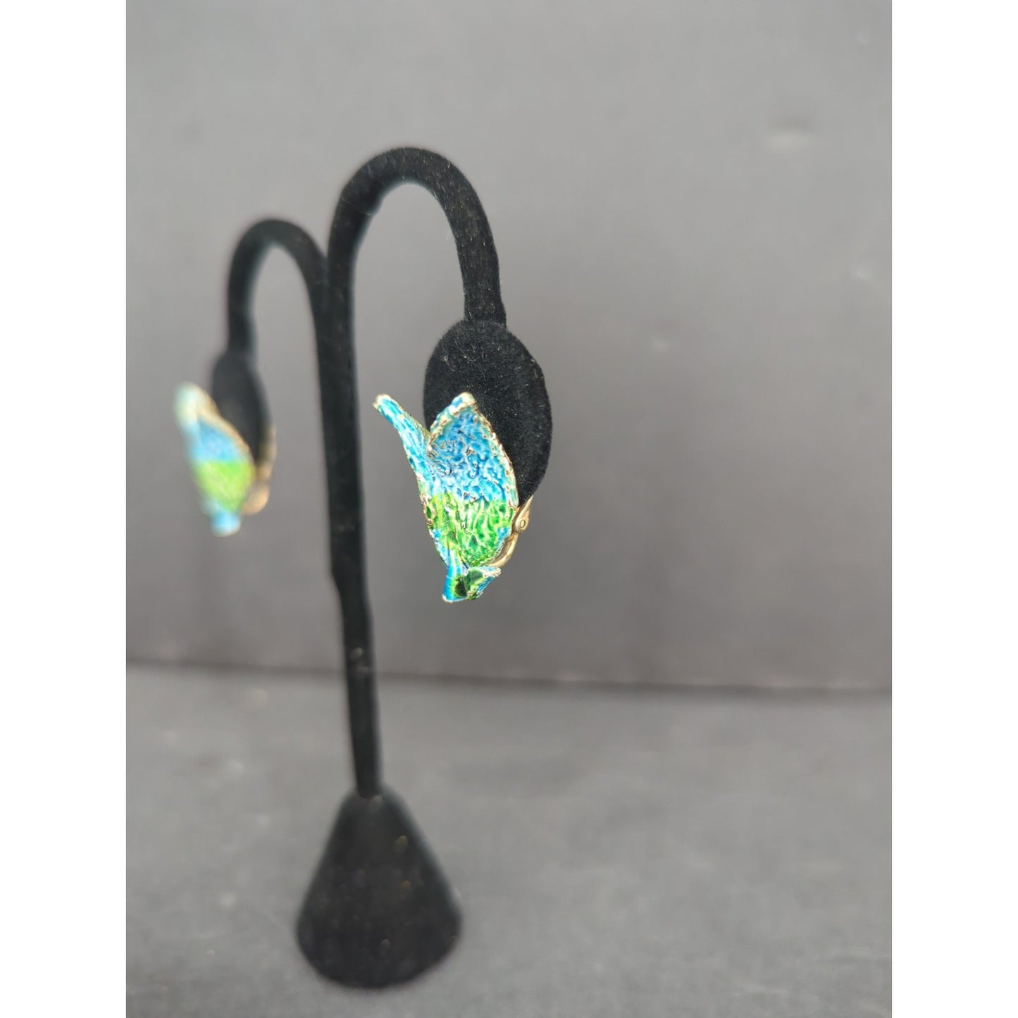 Handmade Blue & Green Leaf Paper Mache Clip On Dangle Earrings Retro Fairycore