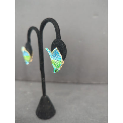 Handmade Blue & Green Leaf Paper Mache Clip On Dangle Earrings Retro Fairycore