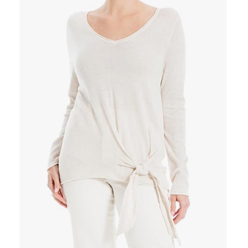 Max Studio Oatmeal Casual V-Neck Side Tie Front Long Sleeve Knit Sweater MEDIUM