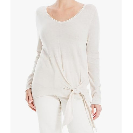 Max Studio Oatmeal Casual V-Neck Side Tie Front Long Sleeve Knit Sweater MEDIUM