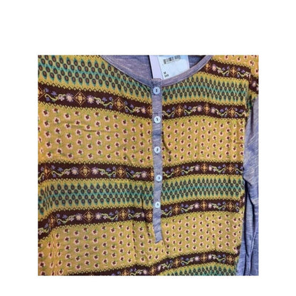 Baea Nordstrom Mixed Pattern Long Sleeve Henley Style Top Purple Gold LARGE New