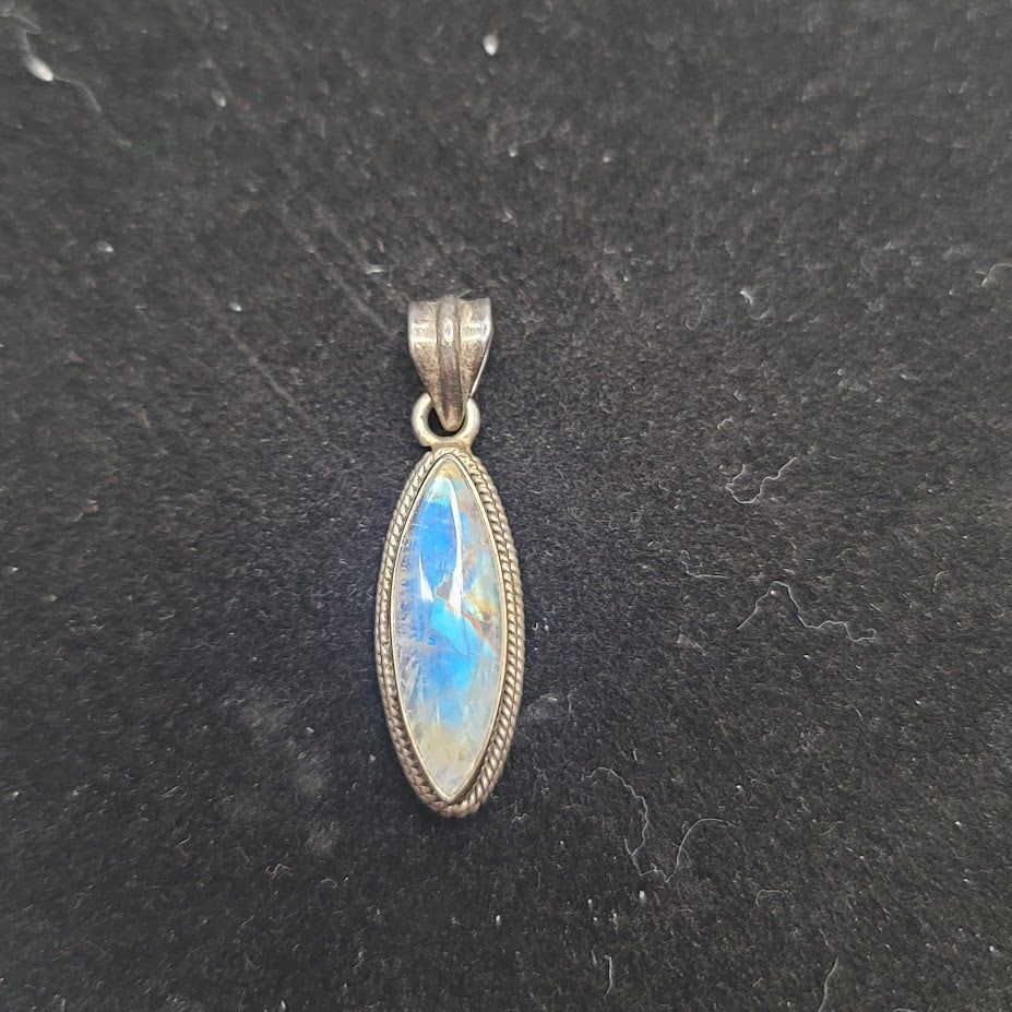 Marquise-cut Rainbow Moonstone Labradorite Sterling Silver Pendant