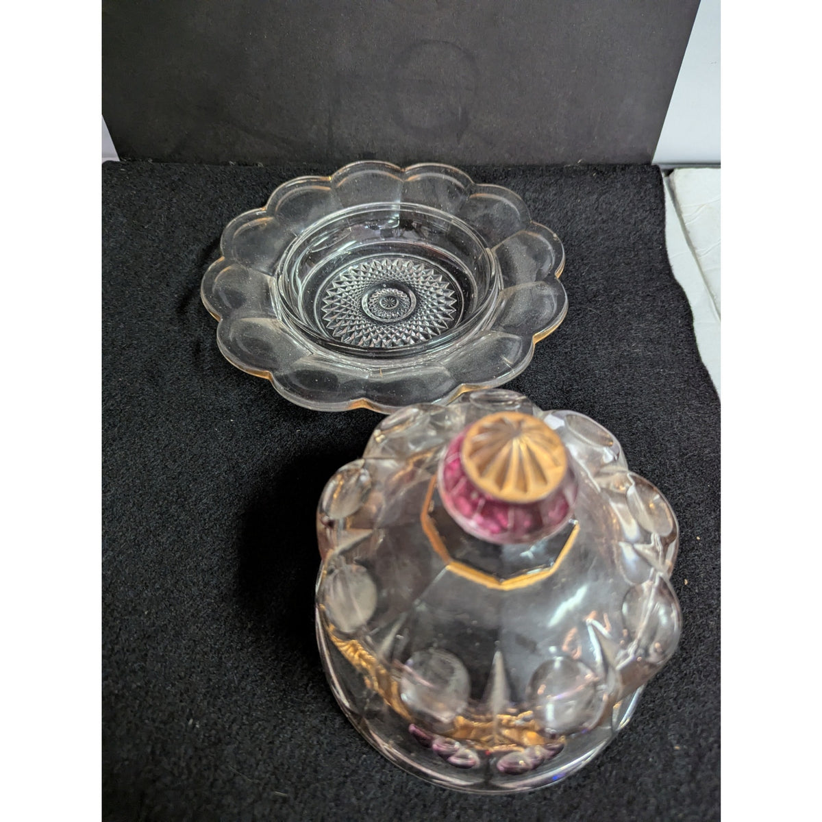 Mosser Northwood Cherry Cable Cover Glass Butter Dish gold red clear 2pc.  round