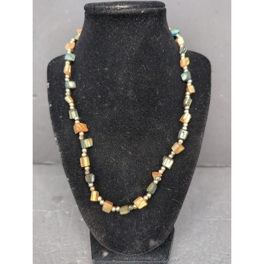 Vintage Earthy Gemstone Bead Gold Tone Bar Station Collar Necklace Boho Chic