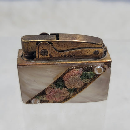 Vintage Crown Brass Mother of Pearl Pocket Lighter Antique Japan Floral Compact