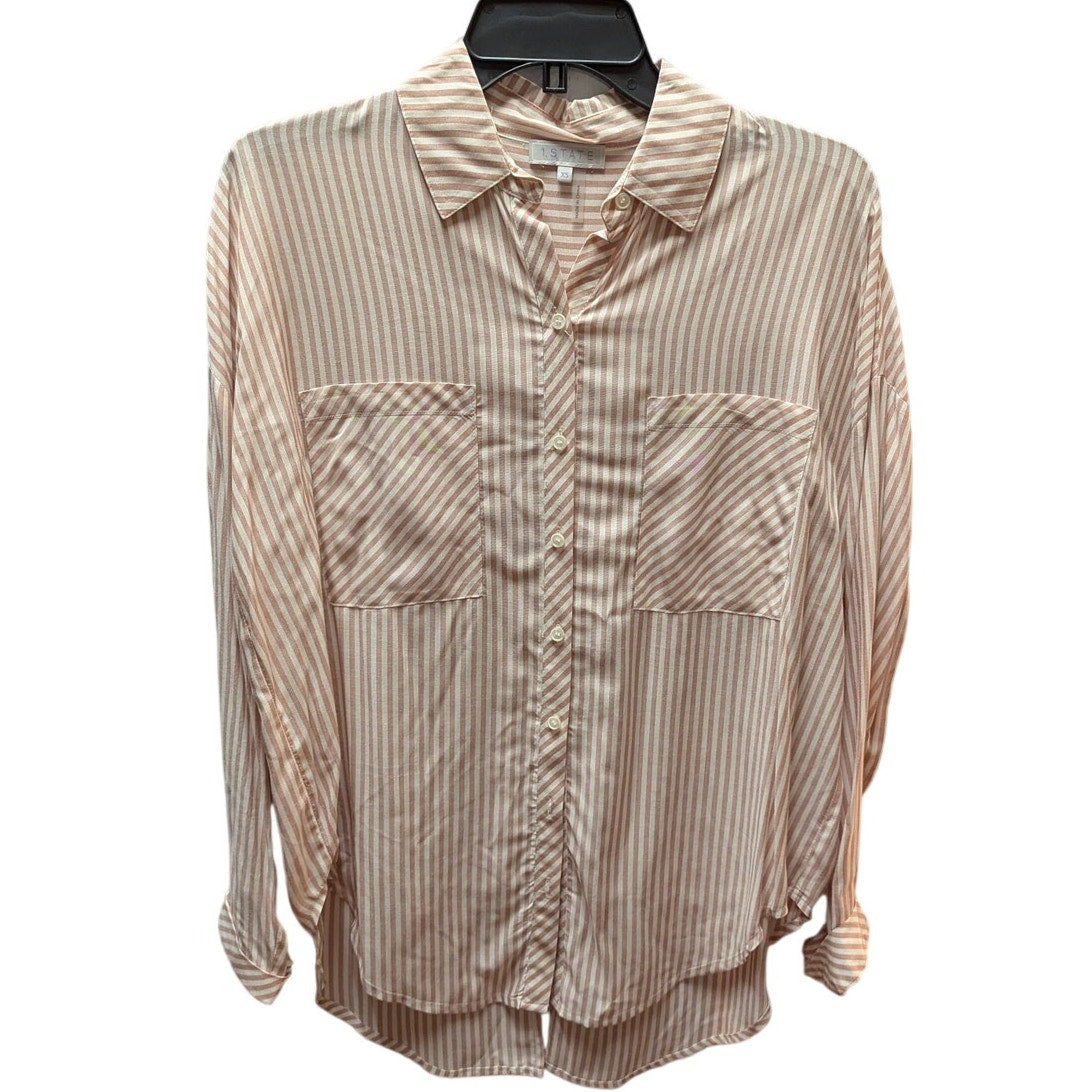 1. State Striped Button Up Shirt Womens XS Pink White Rayon Pocket Blouse