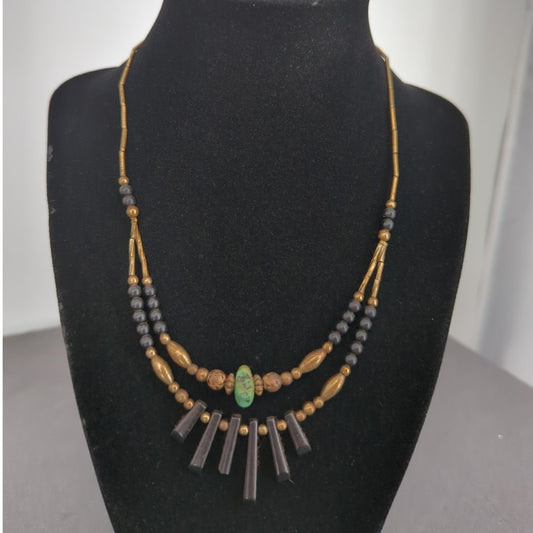 Vintage Brass Beaded Fringe Necklace Turquoise Pendant Boho Tribal Statement