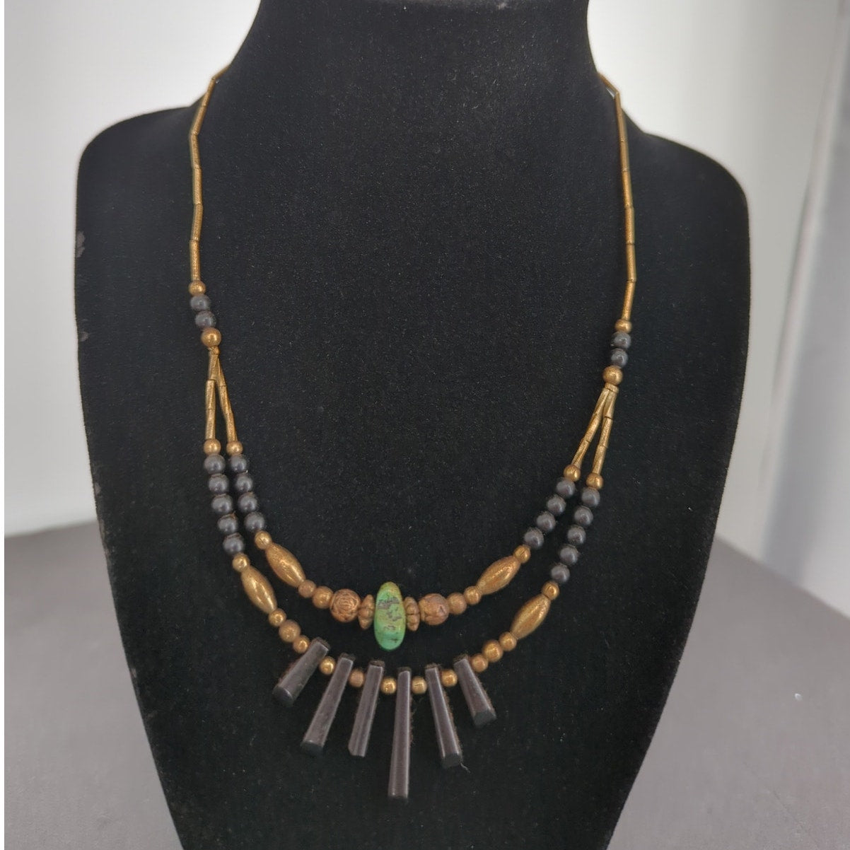 Vintage Brass Beaded Fringe Necklace Turquoise Pendant Boho Tribal Statement