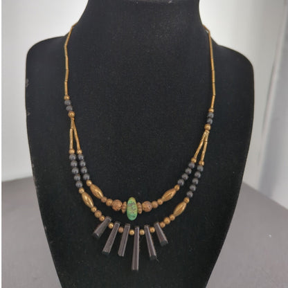 Vintage Brass Beaded Fringe Necklace Turquoise Pendant Boho Tribal Statement