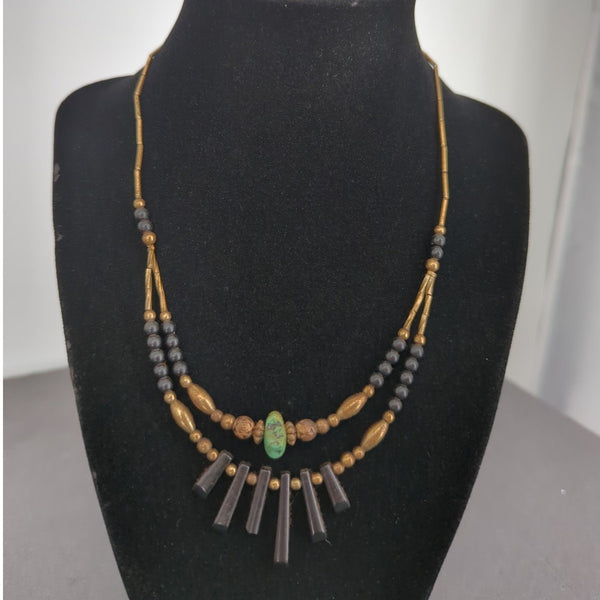 Vintage Brass Beaded Fringe Necklace Turquoise Pendant Boho Tribal Statement