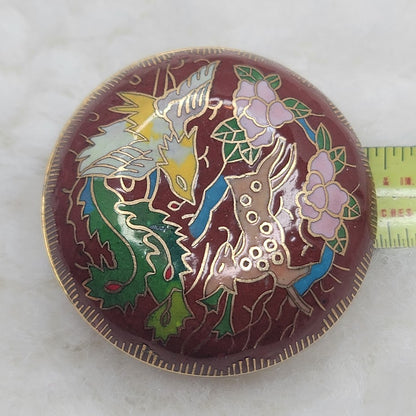 Vintage Cloisonné Enamel Trinket Snuff Pill Stash Box Deer, Crane & Dragon Motif