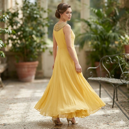 Vintage Sleeveless Maxi Dress Beaded Cocktail Chiffon 50's Yellow Medium/Large