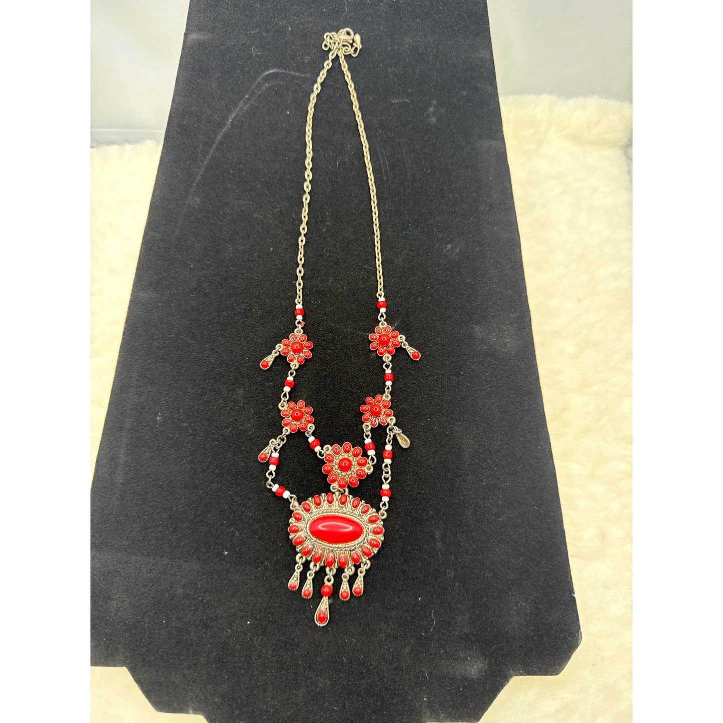 Vintage Red Cabochon Festoon Necklace Victorian Revival Gold Tone