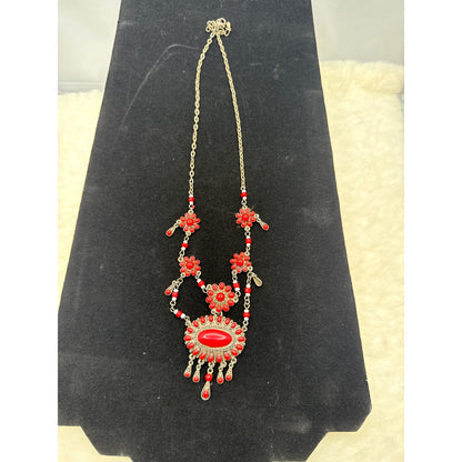 Vintage Red Cabochon Festoon Necklace Victorian Revival Gold Tone