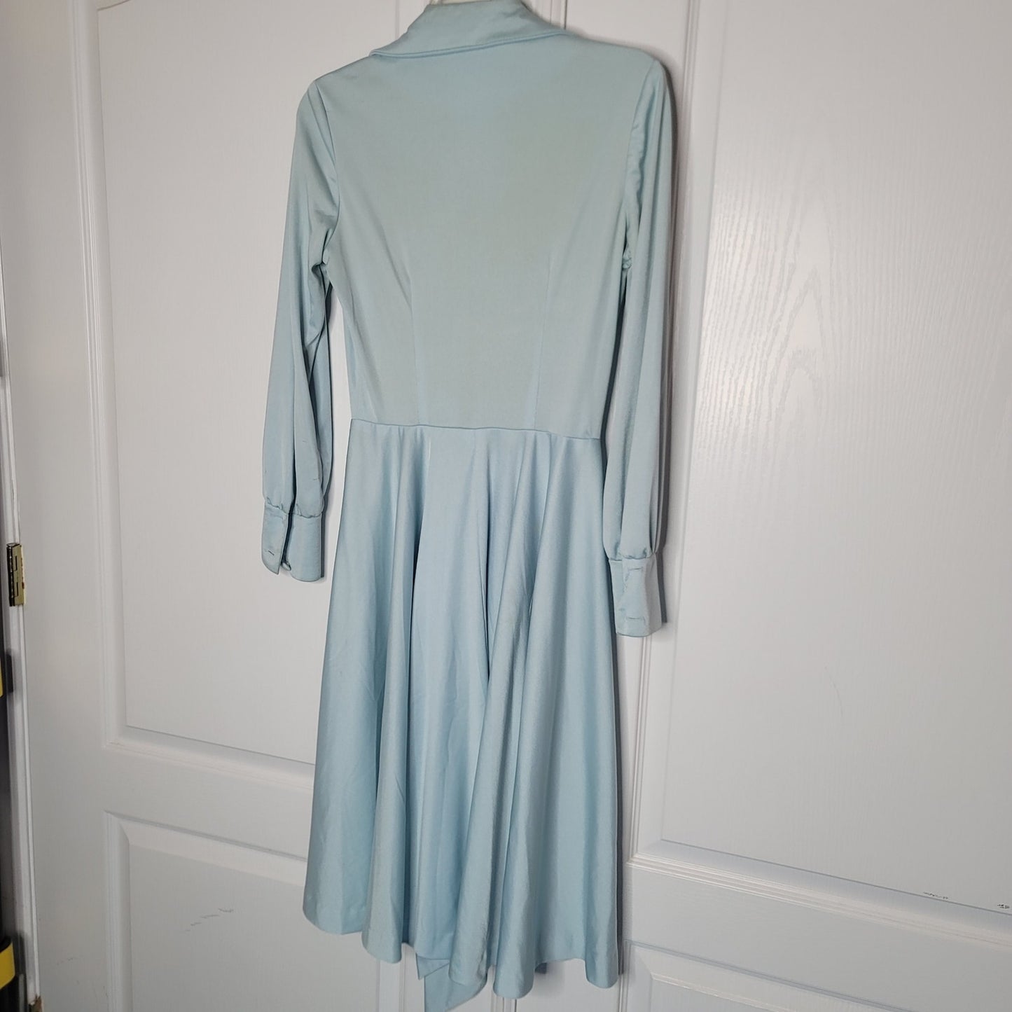 Vintage 70's Blue Fit Flare Dress Needs Repair Belted Long Sleeve Big Collar