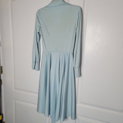 Vintage 70's Blue Fit Flare Dress Needs Repair Belted Long Sleeve Big Collar