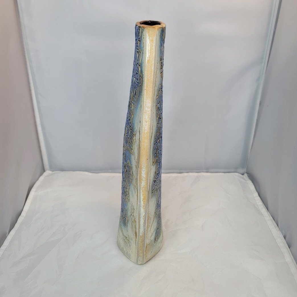 Tenmoku Malaysia 12" Vase Pinched Flatened Pottery Blue Geometric Swirl texture